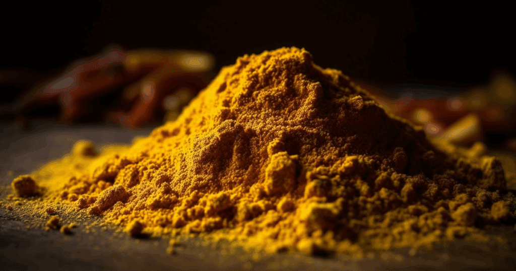 Golden turmeric powder on a kitchen table