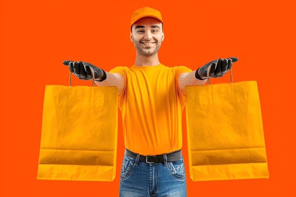 A delivery rider in Dubai delivering groceries quickly to a UAE household