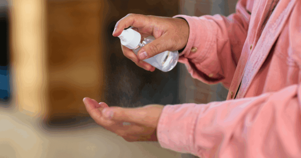 a women using Pocket-sized hand sanitizer bottle