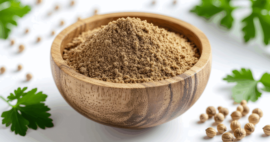 Coriander powder in a bowl with coriander seeds and fresh herbs for cooking
